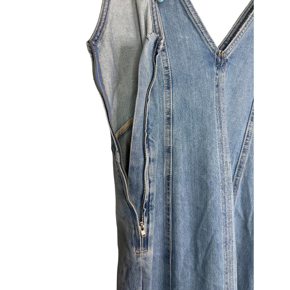 Zara Oversized Denim Seamed V Neck Sleeveless Midi Dress Side Zip Up S Blue Wash - Picture 10 of 16